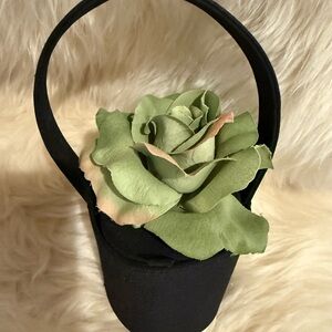Marico of Dallas Black Satin Little Mini Basket Bag with Green Rose Accent